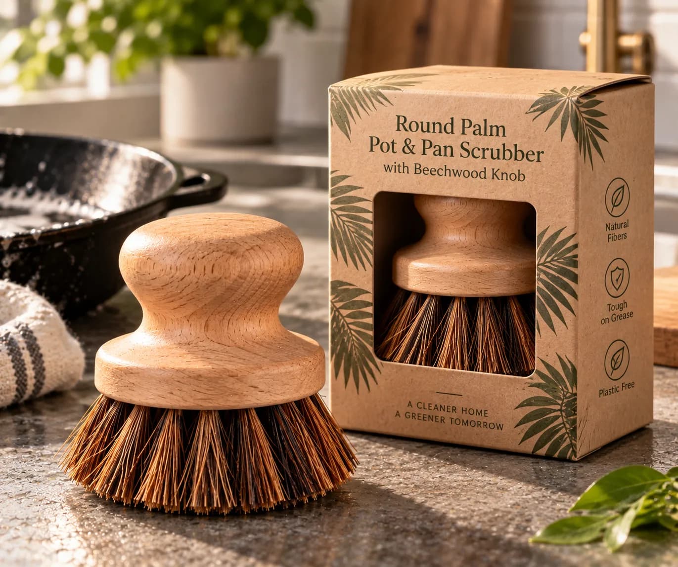 Round Palm Pot & Pan Scrubber with Beechwood Knob